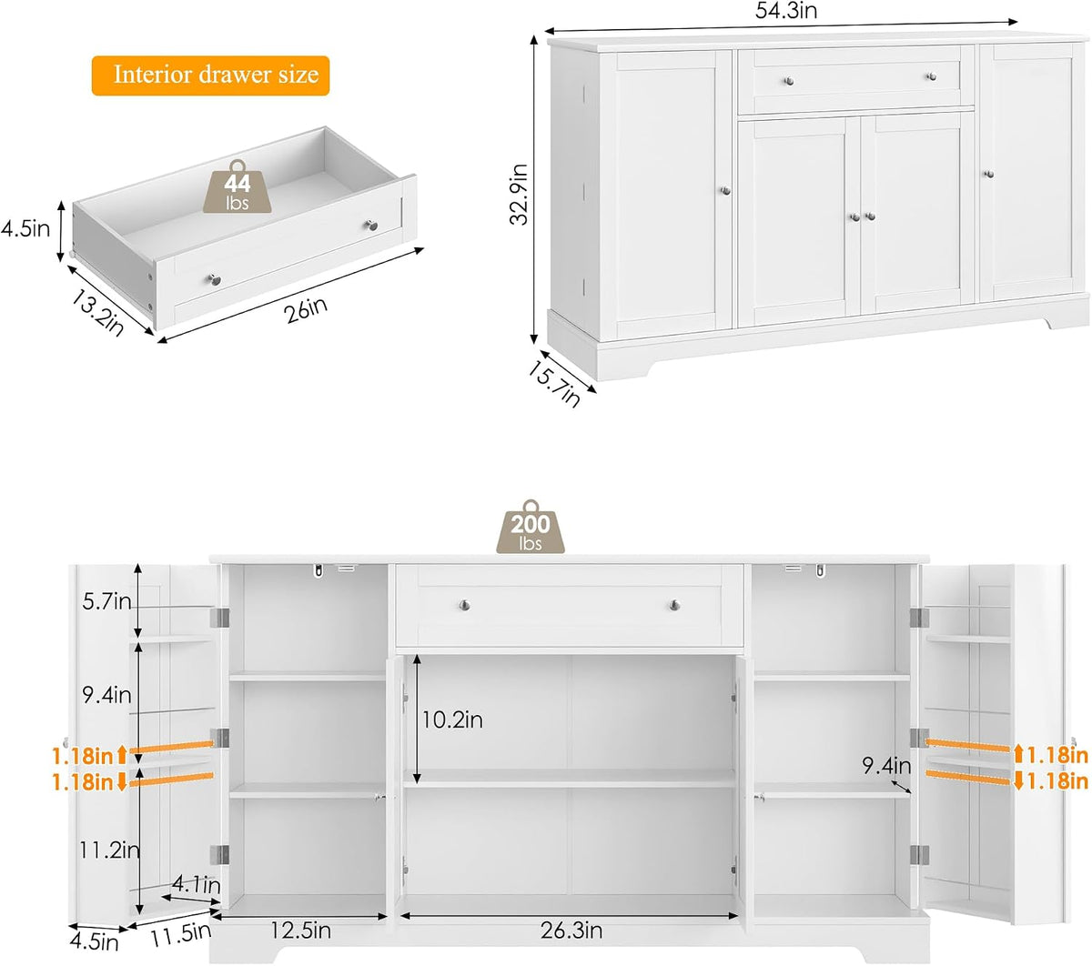 54" White Buffet Cabinet with Storage