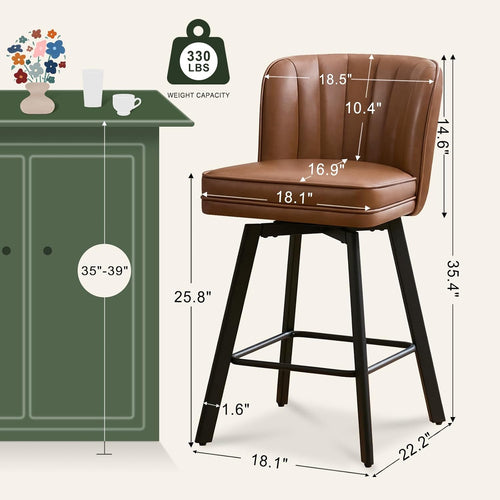 26" Dark Brown Faux Leather Swivel Bar Stools Set of 4