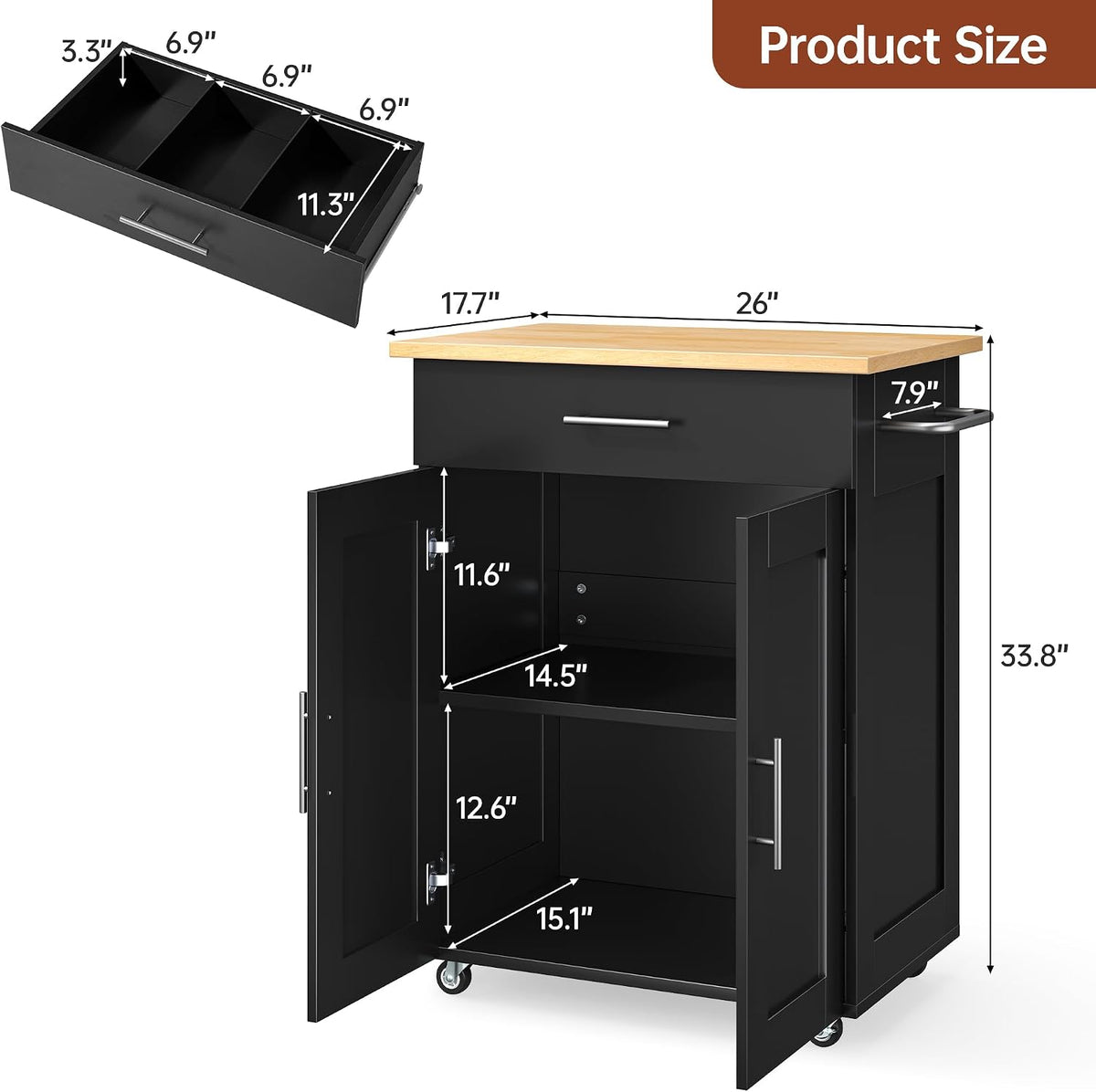 Black Kitchen Island with Large Drawer