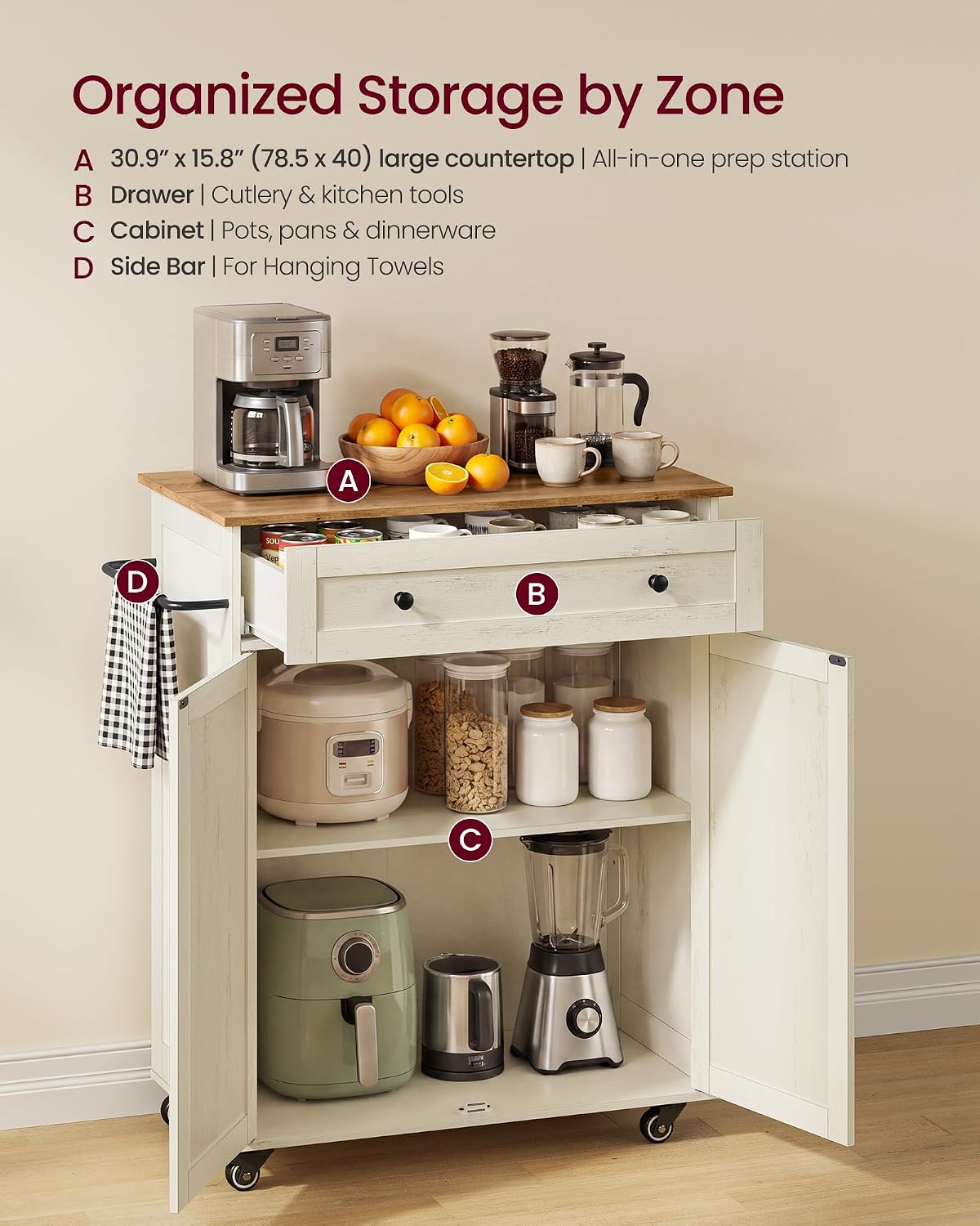 Mobile Wooden Kitchen Island Cart with Storage