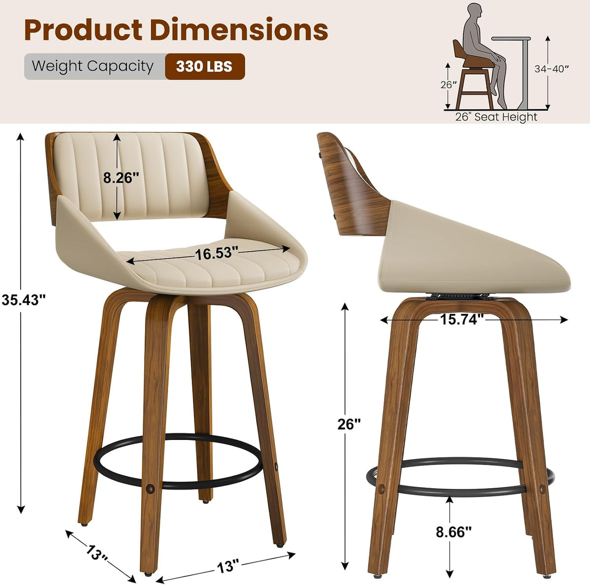 26" Walnut Bentwood Swivel Bar Stools Set of 2