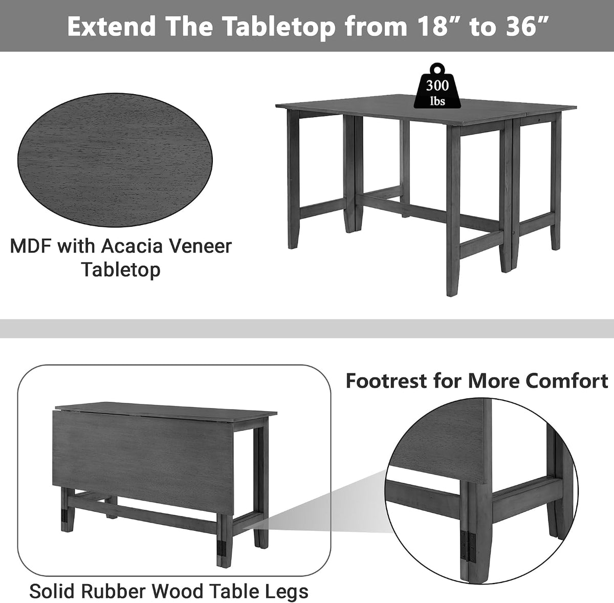 47" Gray Farmhouse Extendable Drop Leaf Dining Table