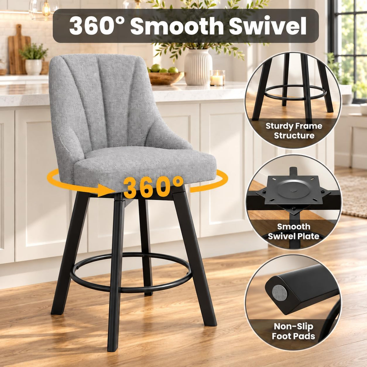 24" Light Gray Swivel Bar Stools Set of 2
