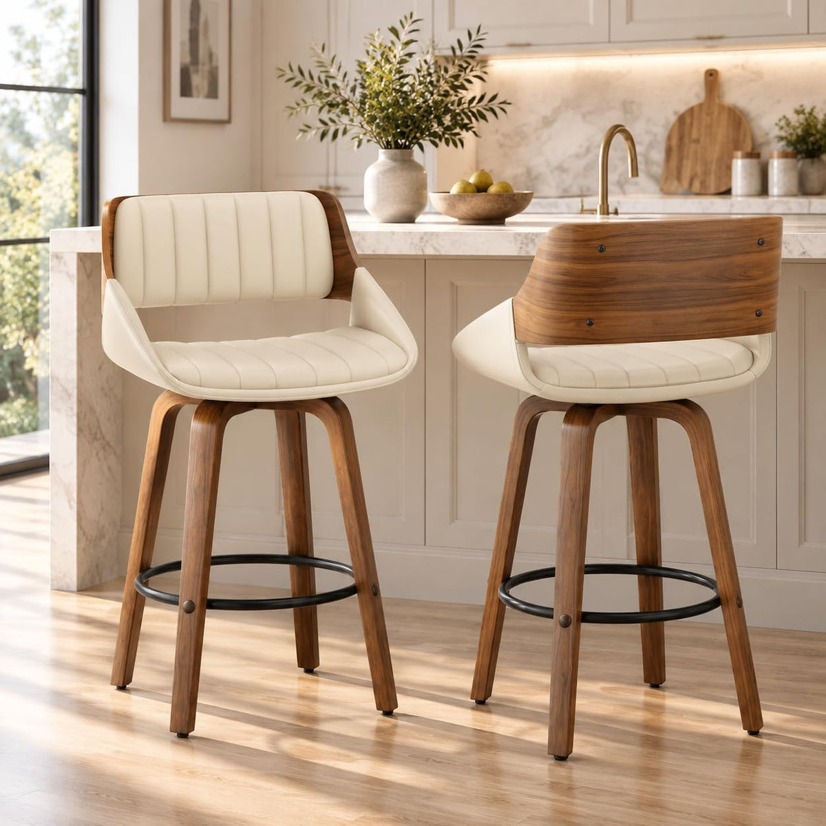 26" Walnut Bentwood Swivel Bar Stools Set of 2