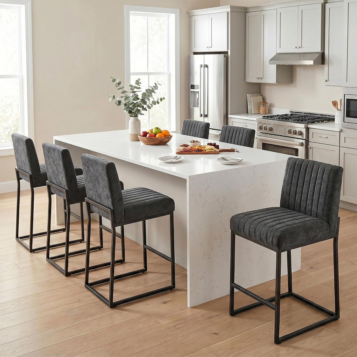 26" Dark Grey Upholstered Bar Stools Set of 6