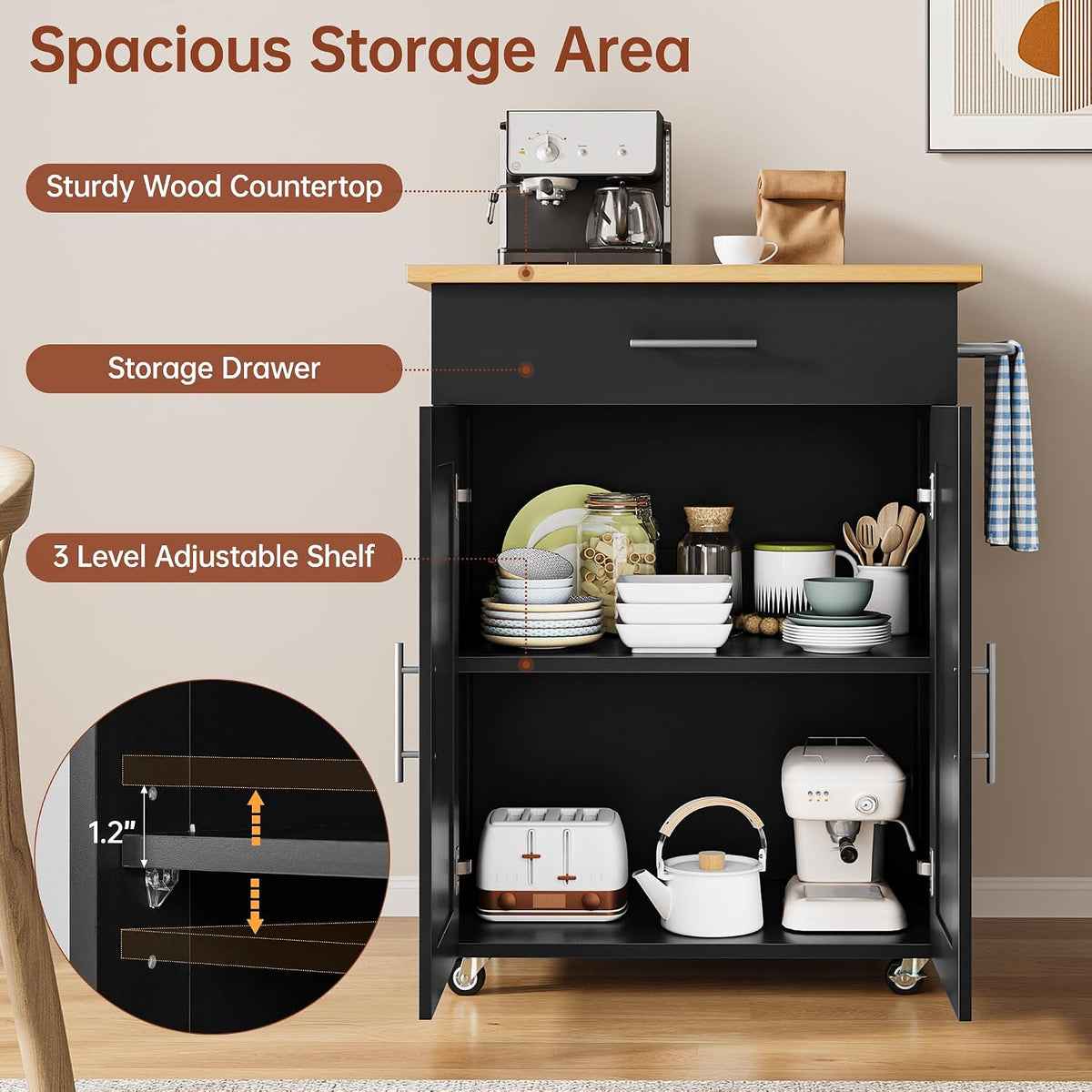 Black Kitchen Island with Large Drawer
