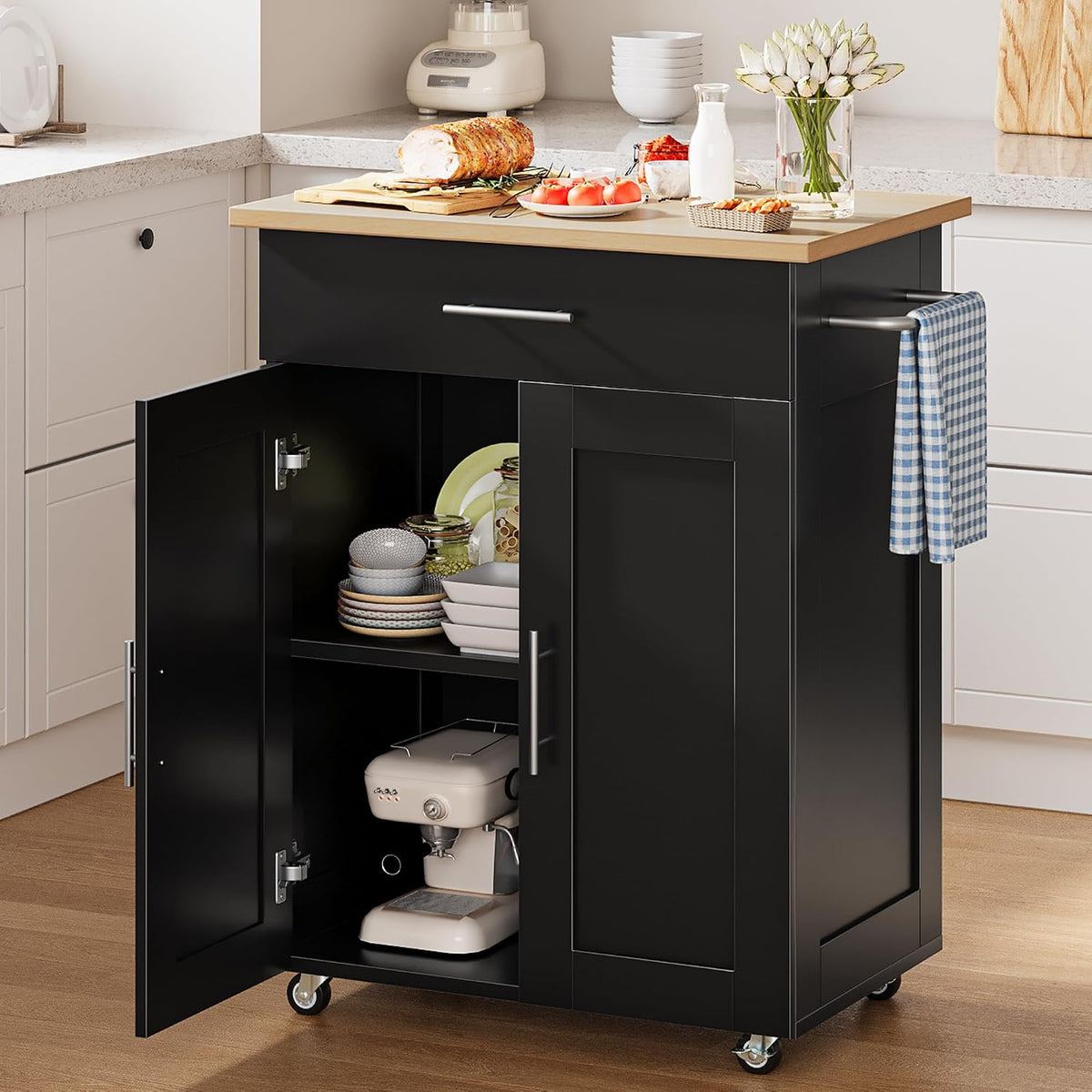 Black Kitchen Island with Large Drawer