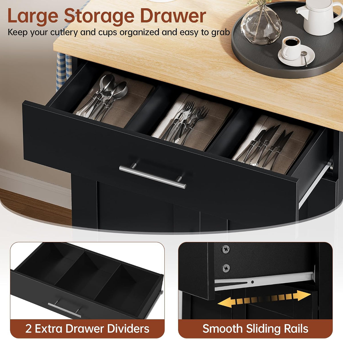 Black Kitchen Island with Large Drawer