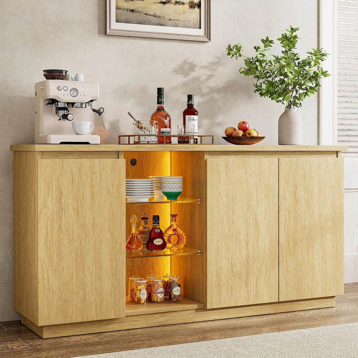 60" Natural Sideboard Cabinet with Storage & LED Lights